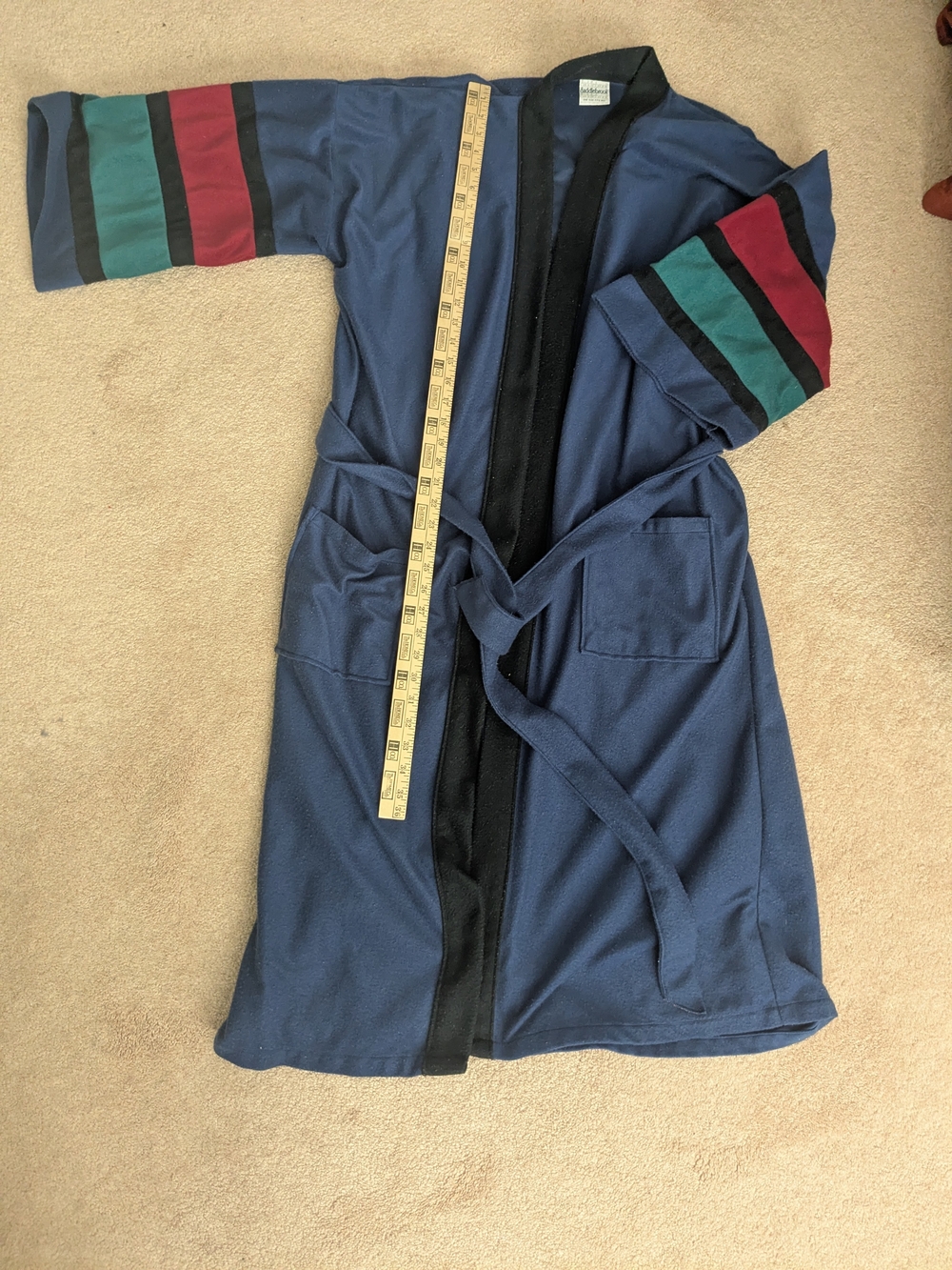 Vintage 70s 80s Men's Navy Robe with Color-Block Sleeve Stripes